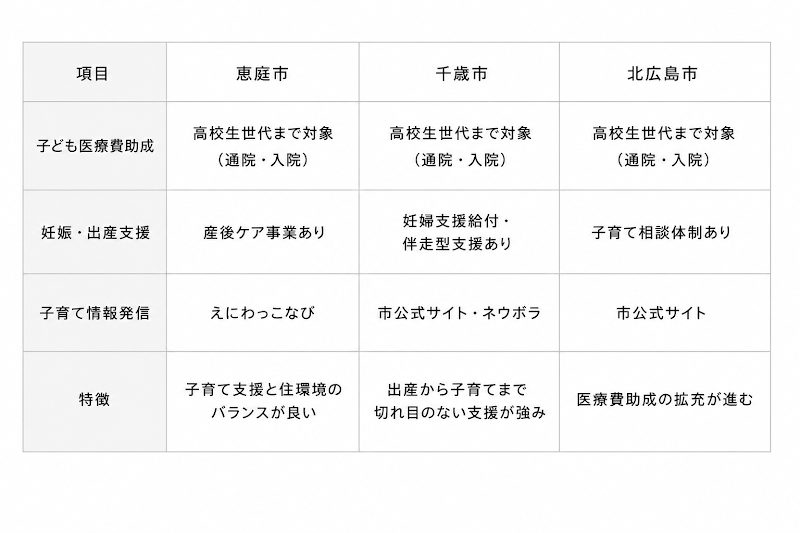 恵庭市・千歳市・北広島市の子育て支援を比較